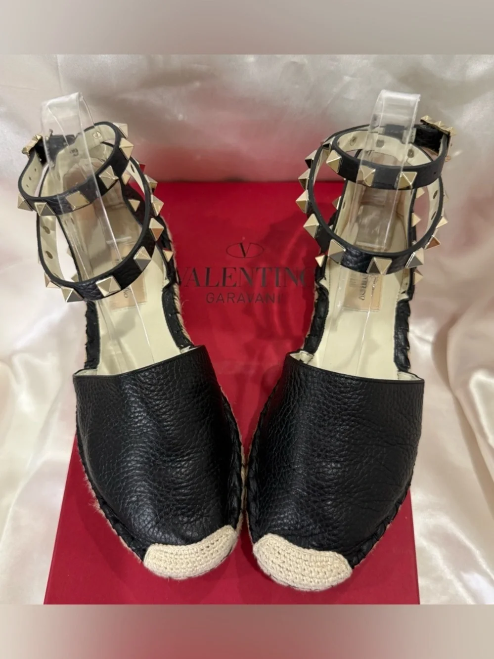 Valentino Garavani Rockstud Espadrille Sandals Leather Wrap Black Size 35 US 5